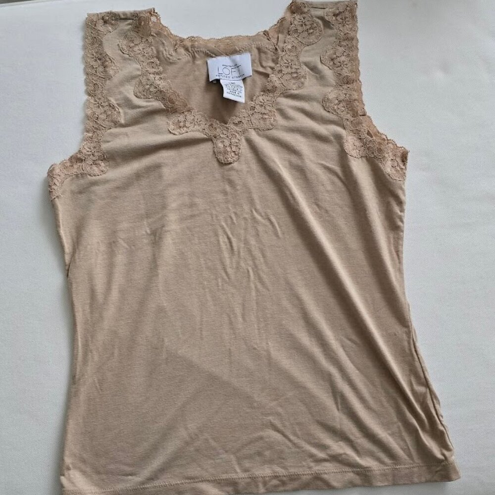 LOFT Tan Neutral Lace Soft Tank Top XSP Extra Small Petite Made in USA